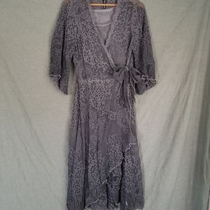 Gray silk wrap dress with boho embroidery